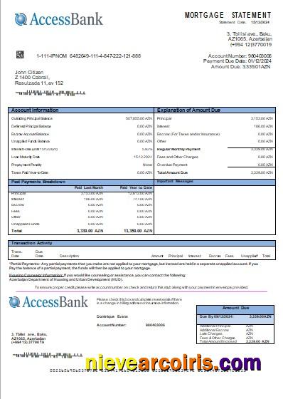 Azerbaijan Access Bank mortgage statement